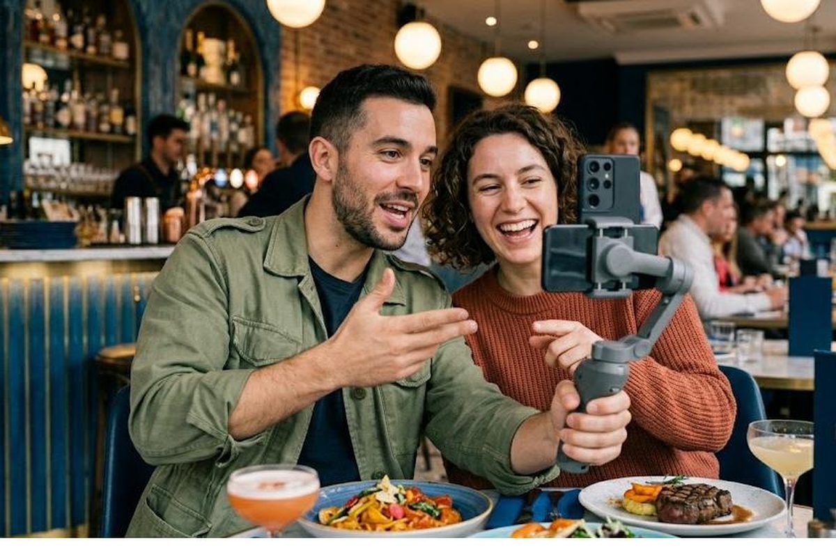 Two creators filming content at a restaurant